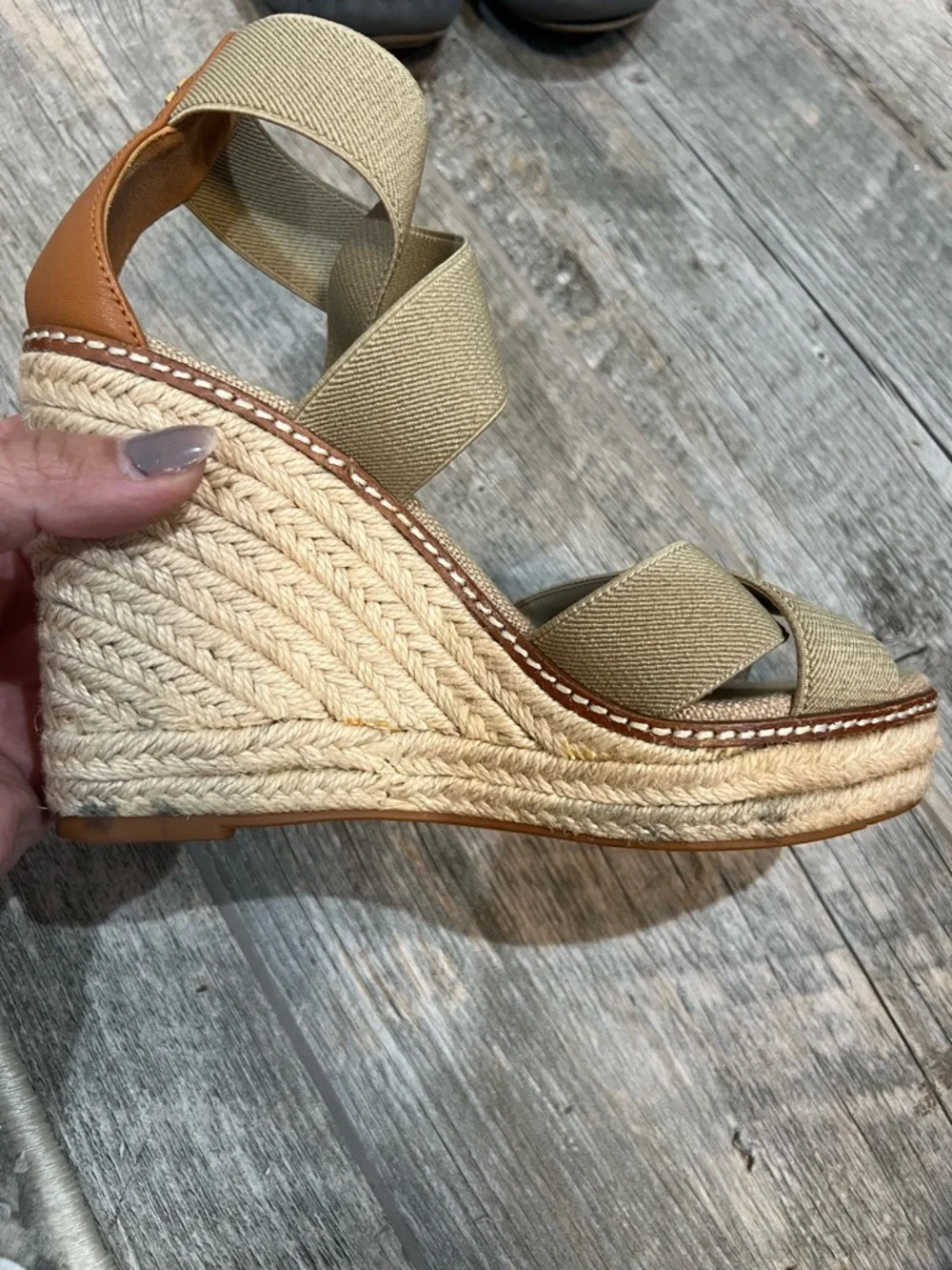 Tory Burch Frieda Platform Wedge Espadrille Beige Sandals Elastic Straps Size 7 - Picture 6 of 9